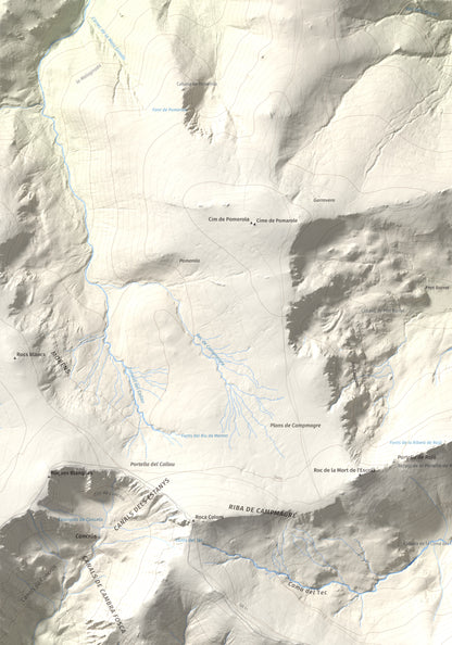 Mapa de relieve de Costabona, 2465 m, Ripollès · Vallespir, lámina 100 Cims de Trobart. Detalle de la zona superior izquierda. 70 × 100 cm.