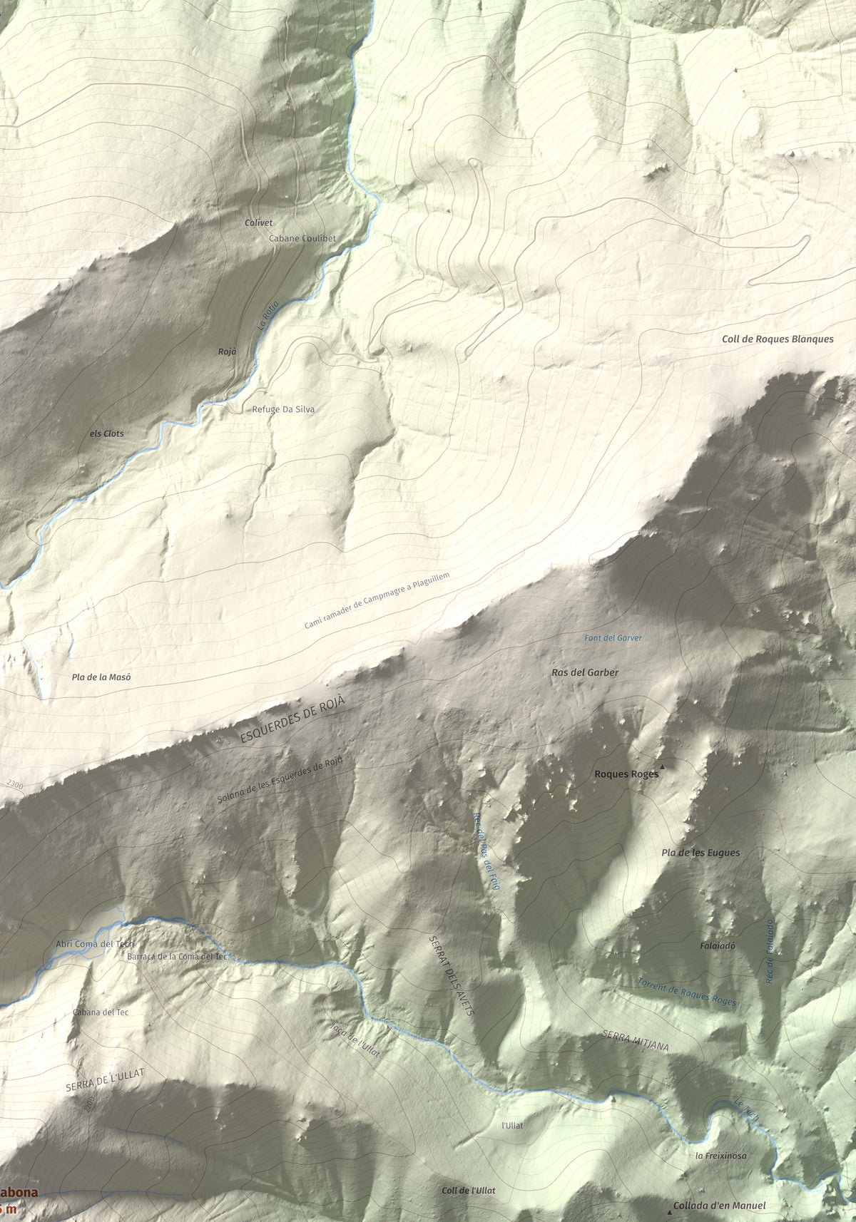 Mapa de relieve de Costabona, 2465 m, Ripollès · Vallespir, lámina 100 Cims de Trobart. Detalle de la zona superior derecha. 70 × 100 cm.