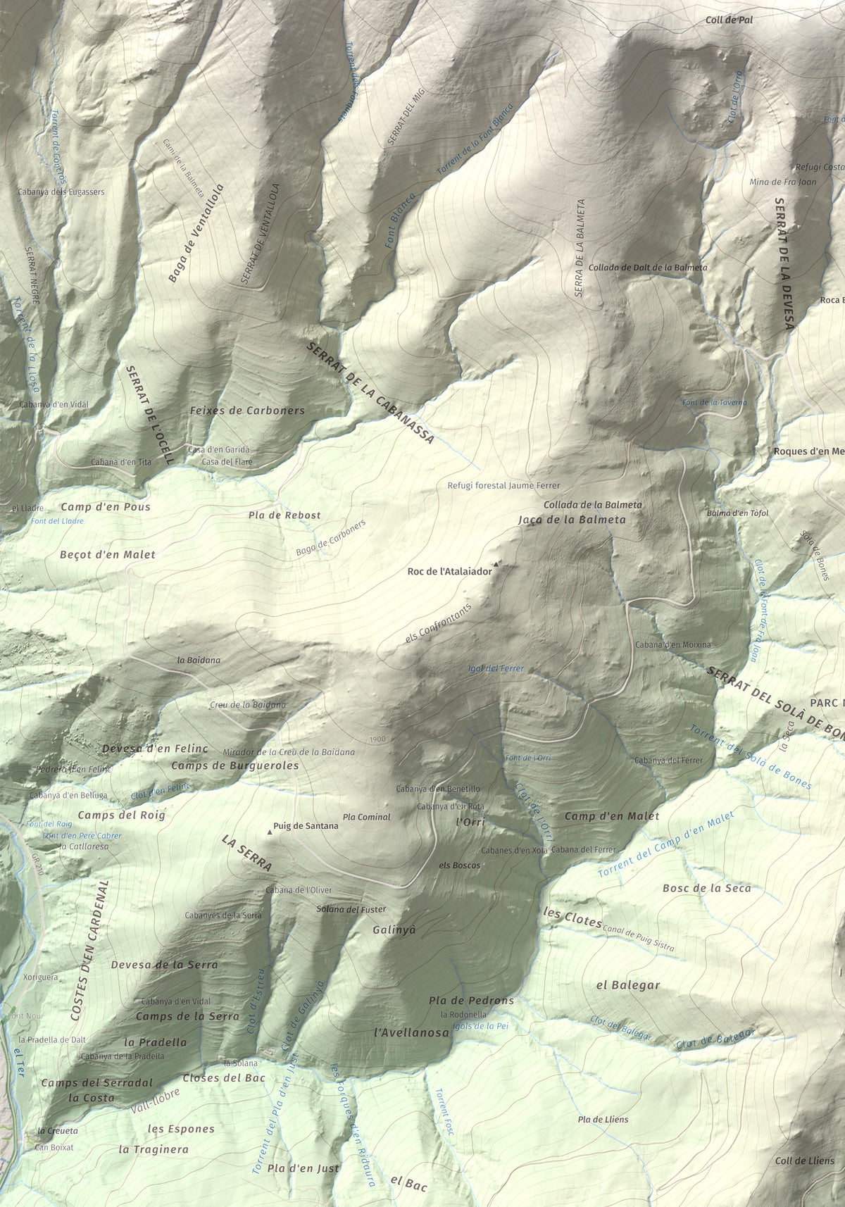 Mapa de relieve de Costabona, 2465 m, Ripollès · Vallespir, lámina 100 Cims de Trobart. Detalle de la zona inferior izquierda. 70 × 100 cm.