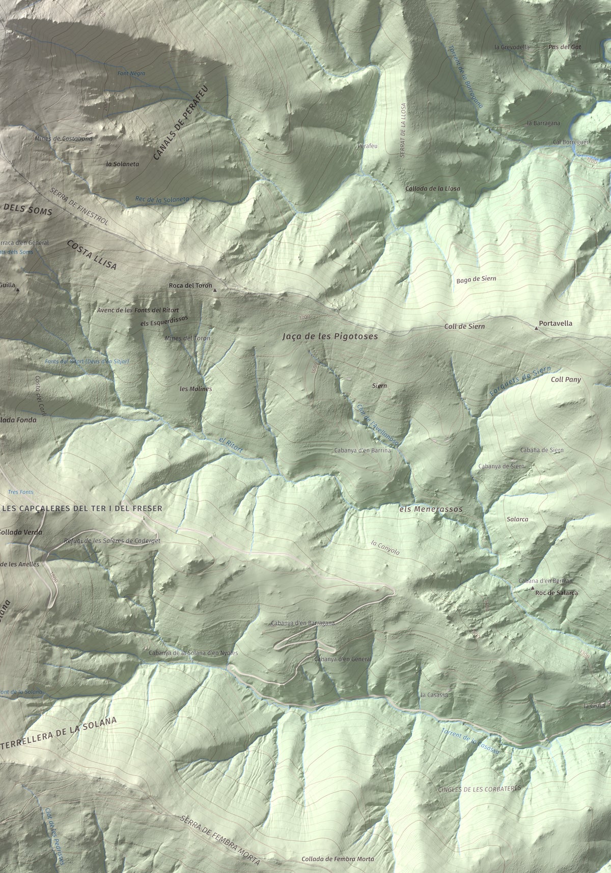Mapa de relieve de Costabona, 2465 m, Ripollès · Vallespir, lámina 100 Cims de Trobart. Detalle de la zona inferior derecha. 70 × 100 cm.