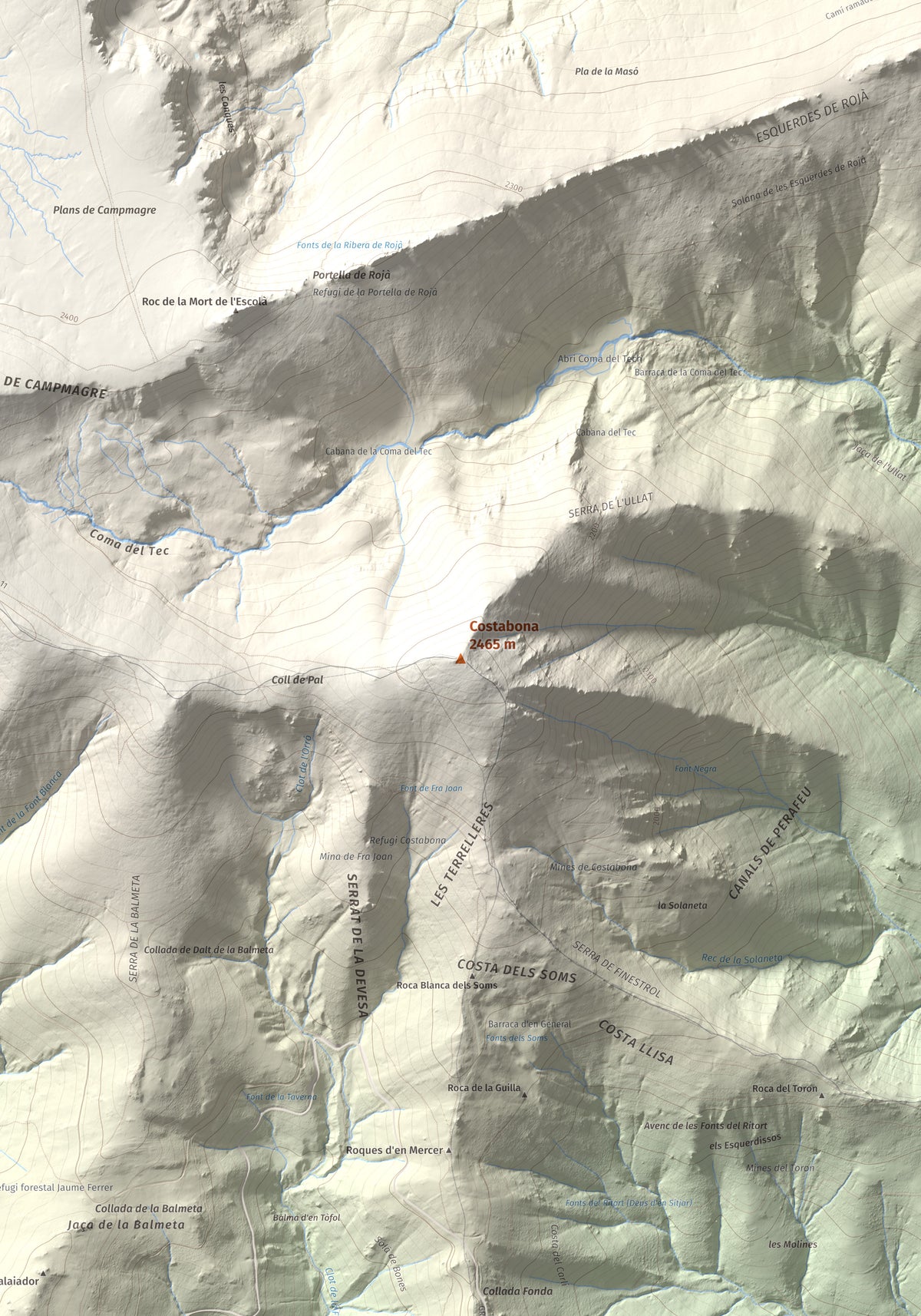 Mapa de relieve de Costabona, 2465 m, Ripollès · Vallespir, lámina 100 Cims de Trobart. Detalle de la zona central. 70 × 100 cm.