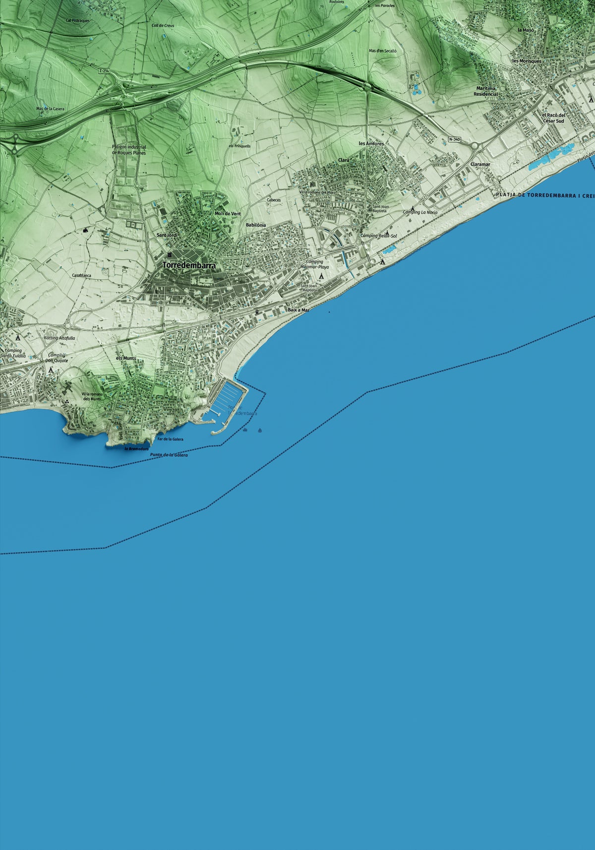 Mapa artístico del relieve de Creixell, al Tarragonès, con 15 km de entorno y base topográfica ICGC. Detalle de la zona inferior izquierda.