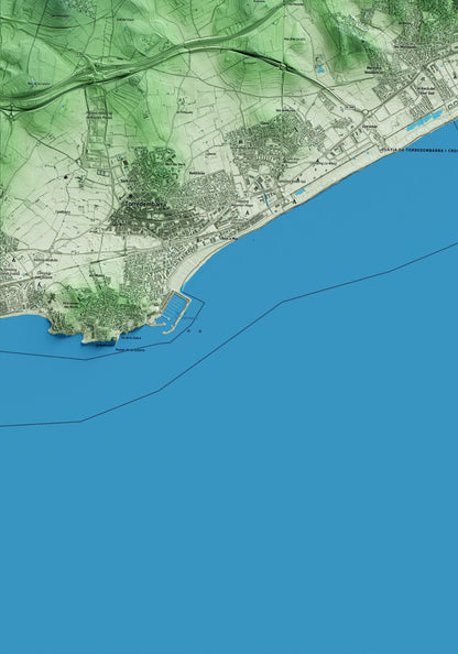 Mapa artístico del relieve de Creixell, al Tarragonès, con 15 km de entorno y base topográfica ICGC. Detalle de la zona inferior izquierda.