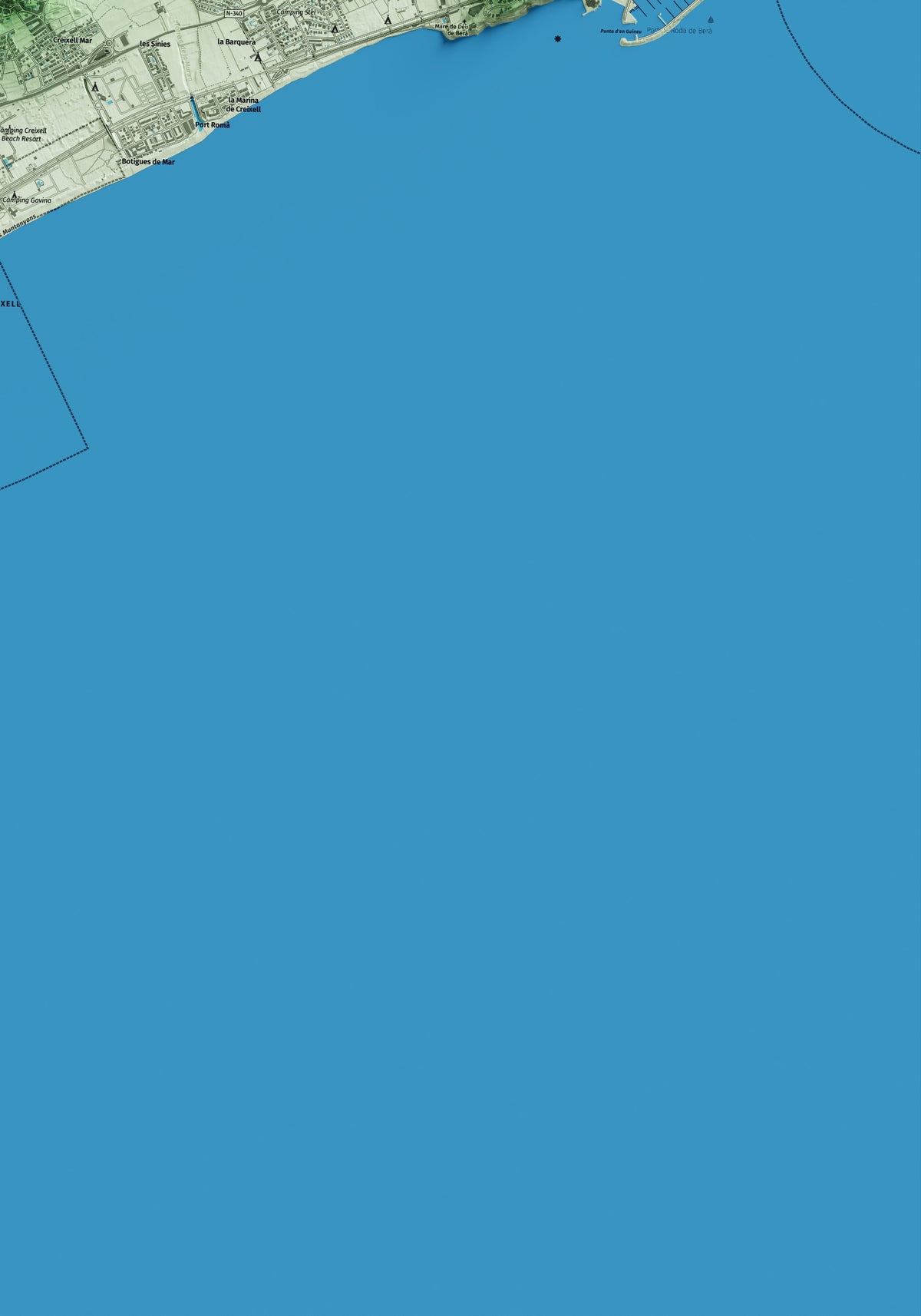 Mapa artístico del relieve de Creixell, al Tarragonès, con 15 km de entorno y base topográfica ICGC. Detalle de la zona inferior derecha.