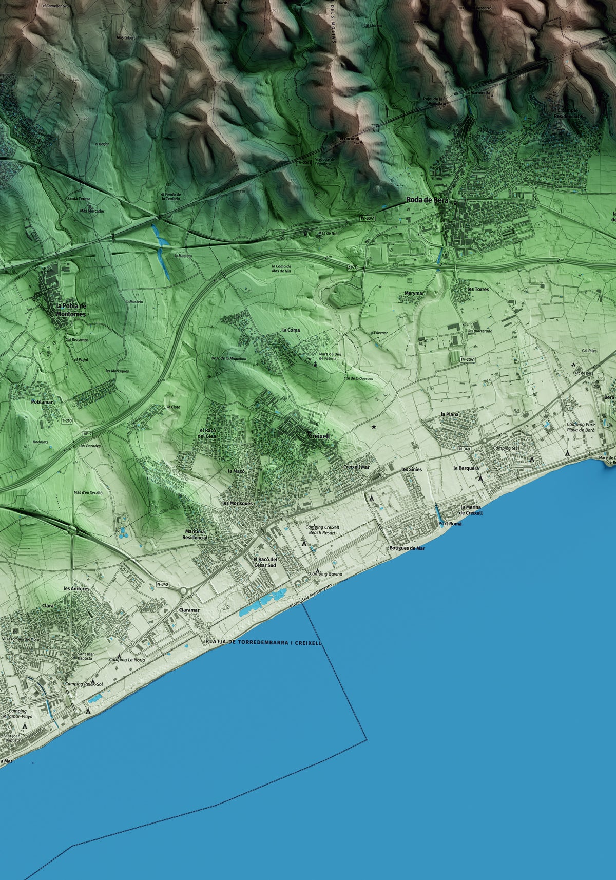 Mapa artístico del relieve de Creixell, al Tarragonès, con 15 km de entorno y base topográfica ICGC. Detalle de la zona central.