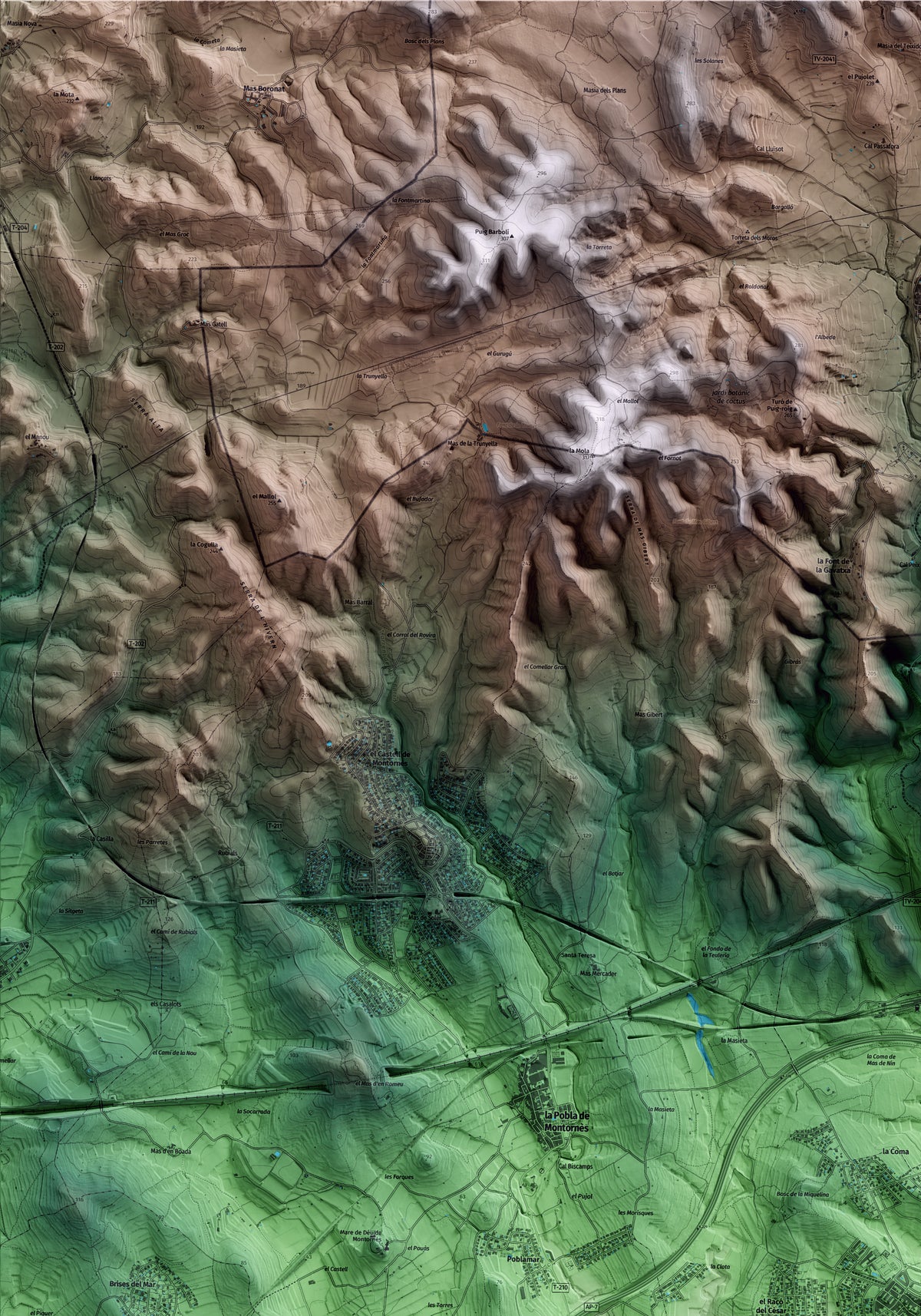 Mapa artístico del relieve de Creixell, al Tarragonès, con 15 km de entorno y base topográfica ICGC. Detalle de la zona superior izquierda.