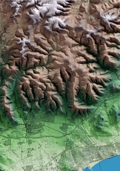 Mapa artístico del relieve de Creixell, al Tarragonès, con 15 km de entorno y base topográfica ICGC. Detalle de la zona superior derecha.