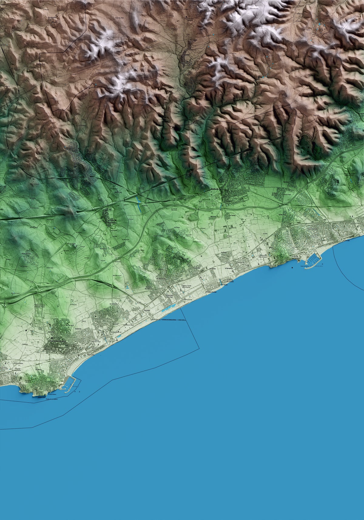 Mapa artístico del relieve de Creixell, al Tarragonès, con 15 km de entorno y base topográfica ICGC