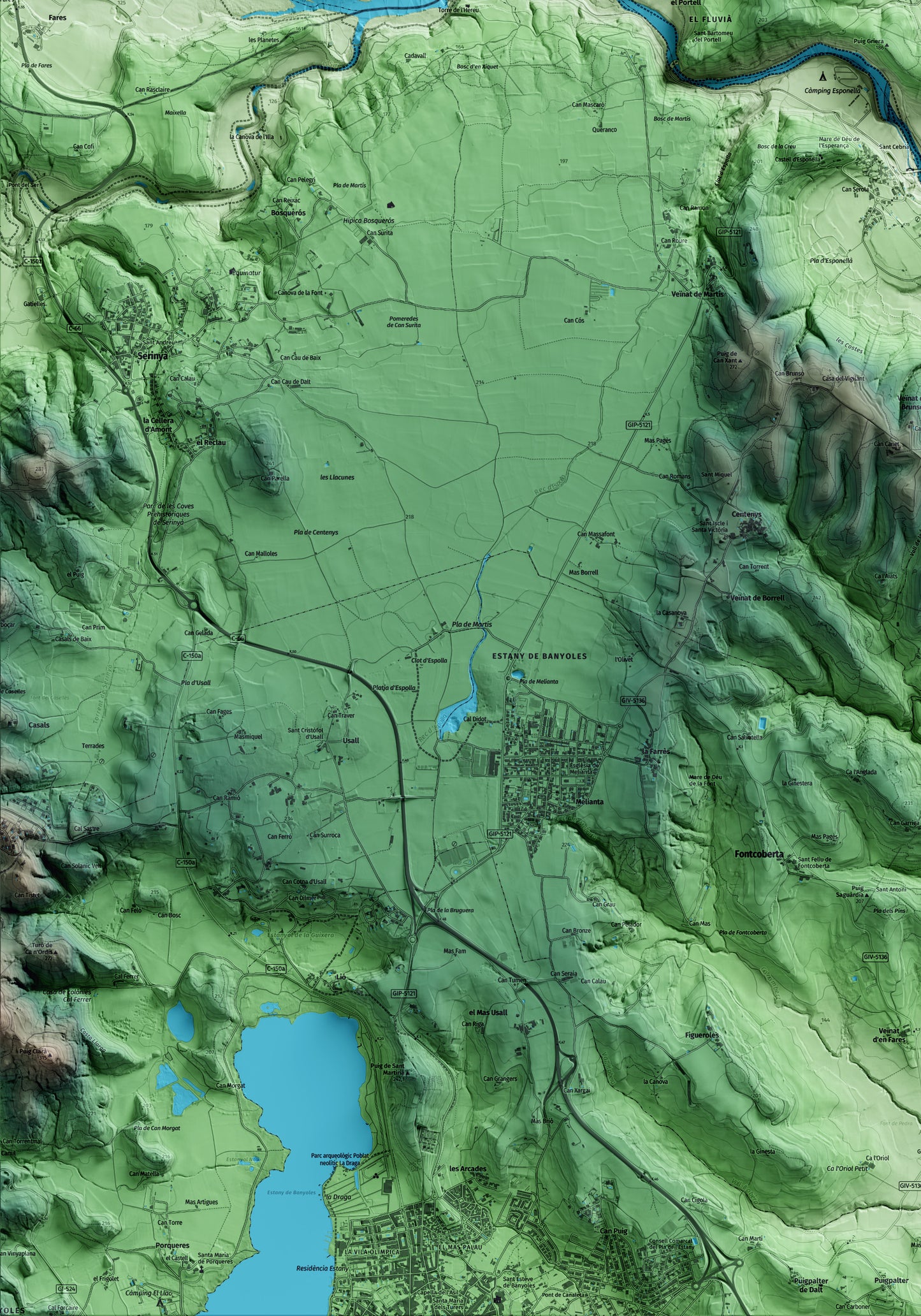 Mapa artístico del relieve de Crespià, en el Pla de l'Estany, con 15 km de entorno y base topográfica ICGC. Detalle de la zona inferior izquierda.