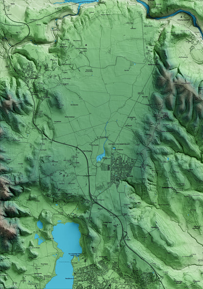 Mapa artístico del relieve de Crespià, en el Pla de l'Estany, con 15 km de entorno y base topográfica ICGC. Detalle de la zona inferior izquierda.