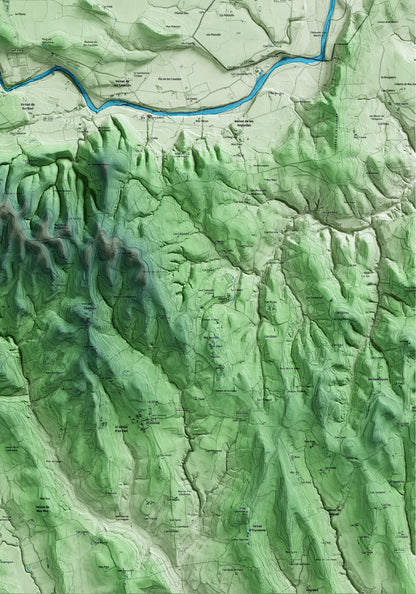 Mapa artístico del relieve de Crespià, en el Pla de l'Estany, con 15 km de entorno y base topográfica ICGC. Detalle de la zona inferior derecha.