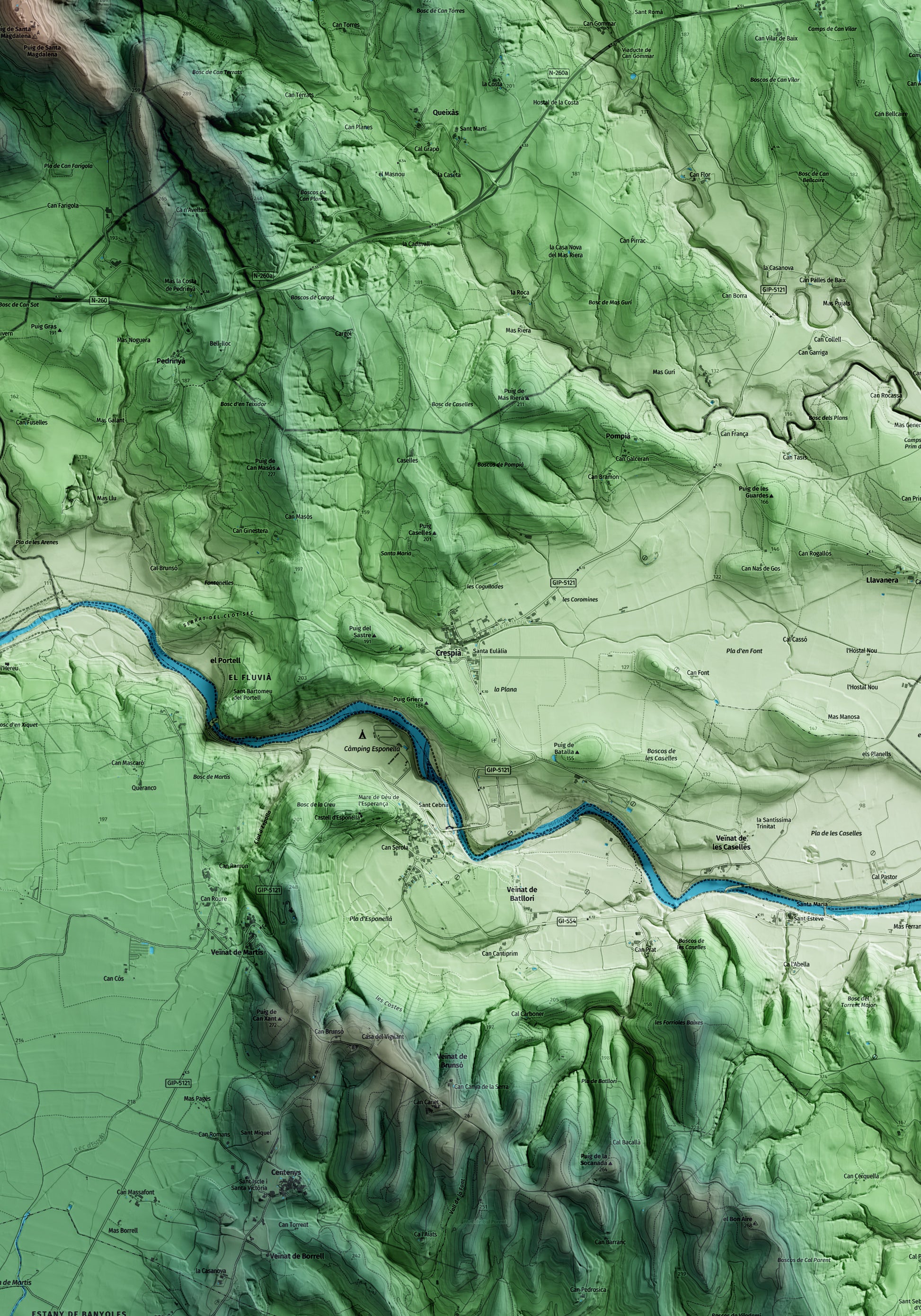 Mapa artístico del relieve de Crespià, en el Pla de l'Estany, con 15 km de entorno y base topográfica ICGC. Detalle de la zona central.