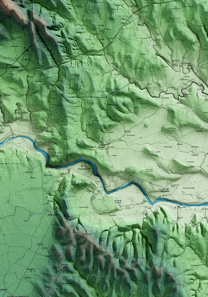 Mapa artístico del relieve de Crespià, en el Pla de l'Estany, con 15 km de entorno y base topográfica ICGC. Detalle de la zona central.