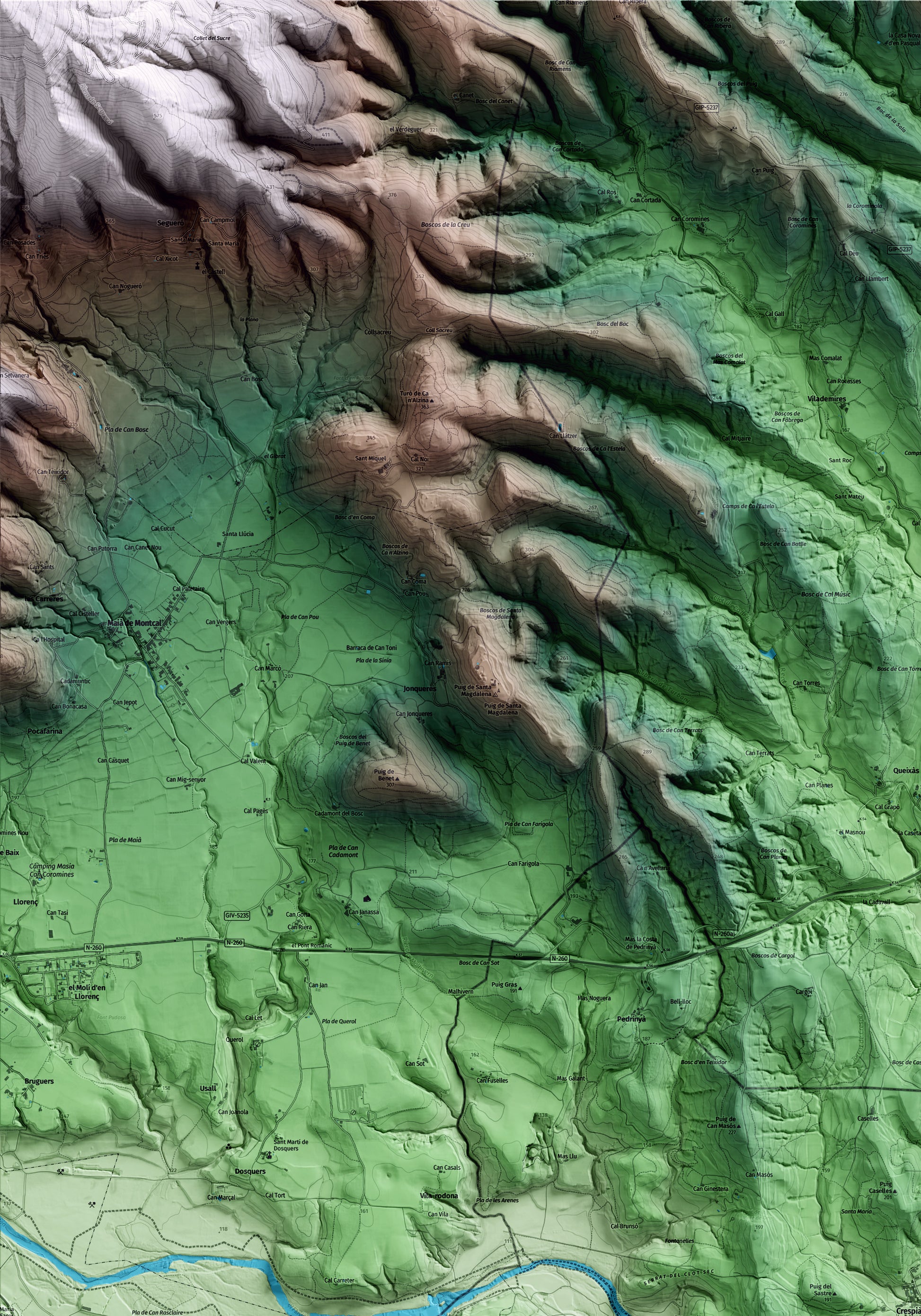 Mapa artístico del relieve de Crespià, en el Pla de l'Estany, con 15 km de entorno y base topográfica ICGC. Detalle de la zona superior izquierda.