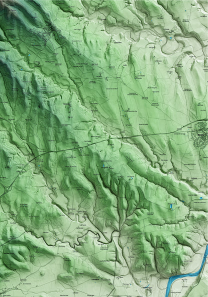 Mapa artístico del relieve de Crespià, en el Pla de l'Estany, con 15 km de entorno y base topográfica ICGC. Detalle de la zona superior derecha.