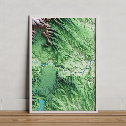 Mapa artístico del relieve de Crespià, en el Pla de l'Estany, con 15 km de entorno y base topográfica ICGC. Presentación enmarcada.
