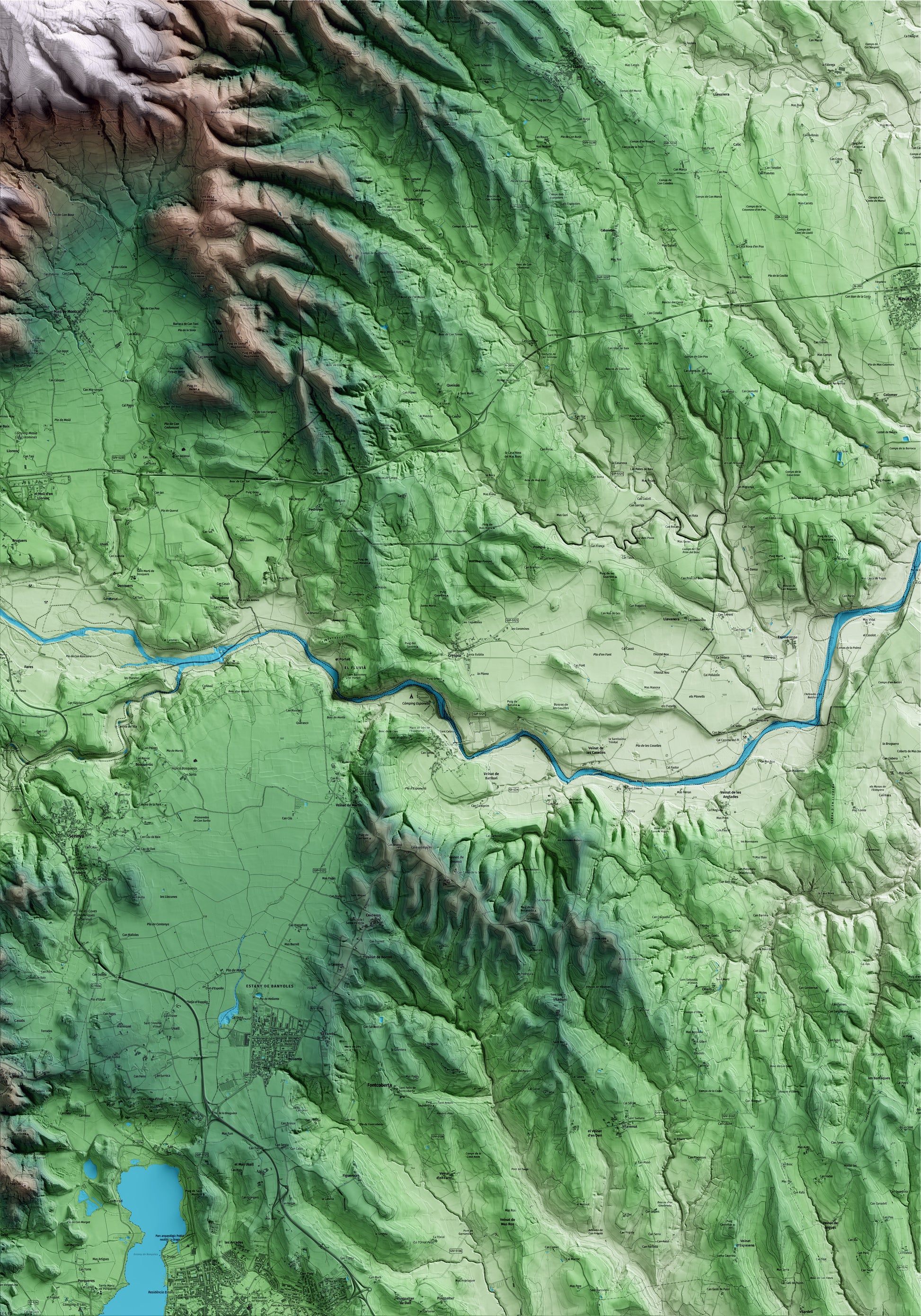 Mapa artístico del relieve de Crespià, en el Pla de l'Estany, con 15 km de entorno y base topográfica ICGC