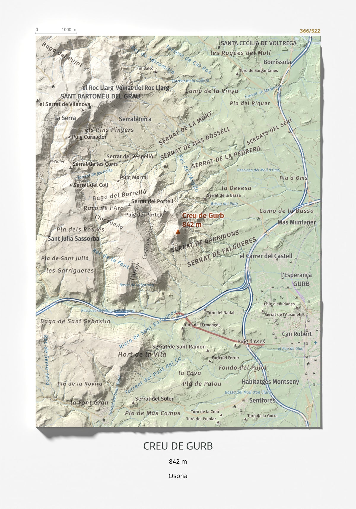 Mapa de relieve de Creu de Gurb, 842 m, Osona, lámina 100 Cims de Trobart 21 × 30 cm.