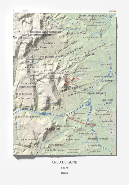 Mapa de relieve de Creu de Gurb, 842 m, Osona, lámina 100 Cims de Trobart 21 × 30 cm.