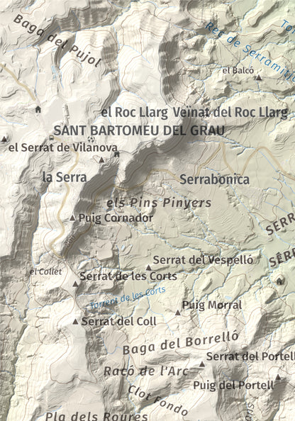 Mapa de relieve de Creu de Gurb, 842 m, Osona, lámina 100 Cims de Trobart. Detalle de la zona superior izquierda. 21 × 30 cm.