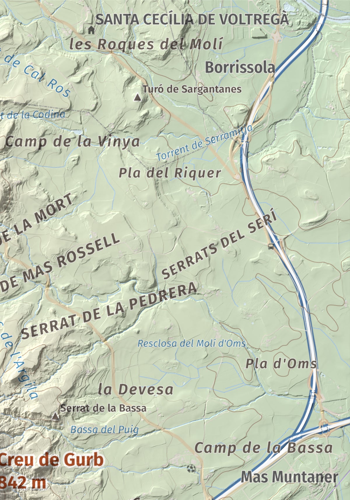 Mapa de relieve de Creu de Gurb, 842 m, Osona, lámina 100 Cims de Trobart. Detalle de la zona superior derecha. 21 × 30 cm.