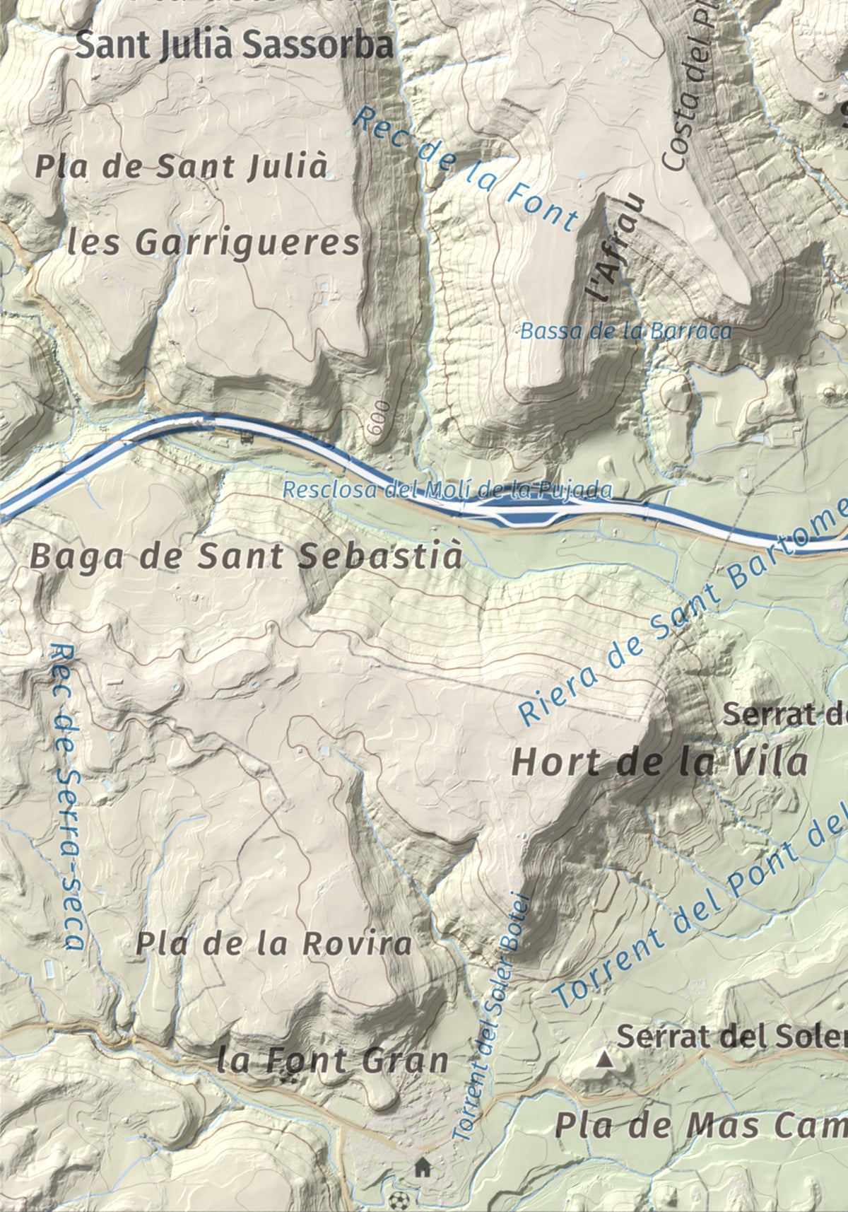 Mapa de relieve de Creu de Gurb, 842 m, Osona, lámina 100 Cims de Trobart. Detalle de la zona inferior izquierda. 21 × 30 cm.
