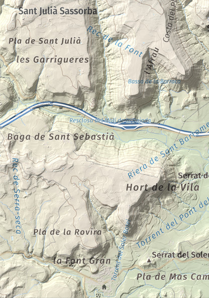 Mapa de relieve de Creu de Gurb, 842 m, Osona, lámina 100 Cims de Trobart. Detalle de la zona inferior izquierda. 21 × 30 cm.