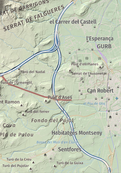 Mapa de relieve de Creu de Gurb, 842 m, Osona, lámina 100 Cims de Trobart. Detalle de la zona inferior derecha. 21 × 30 cm.