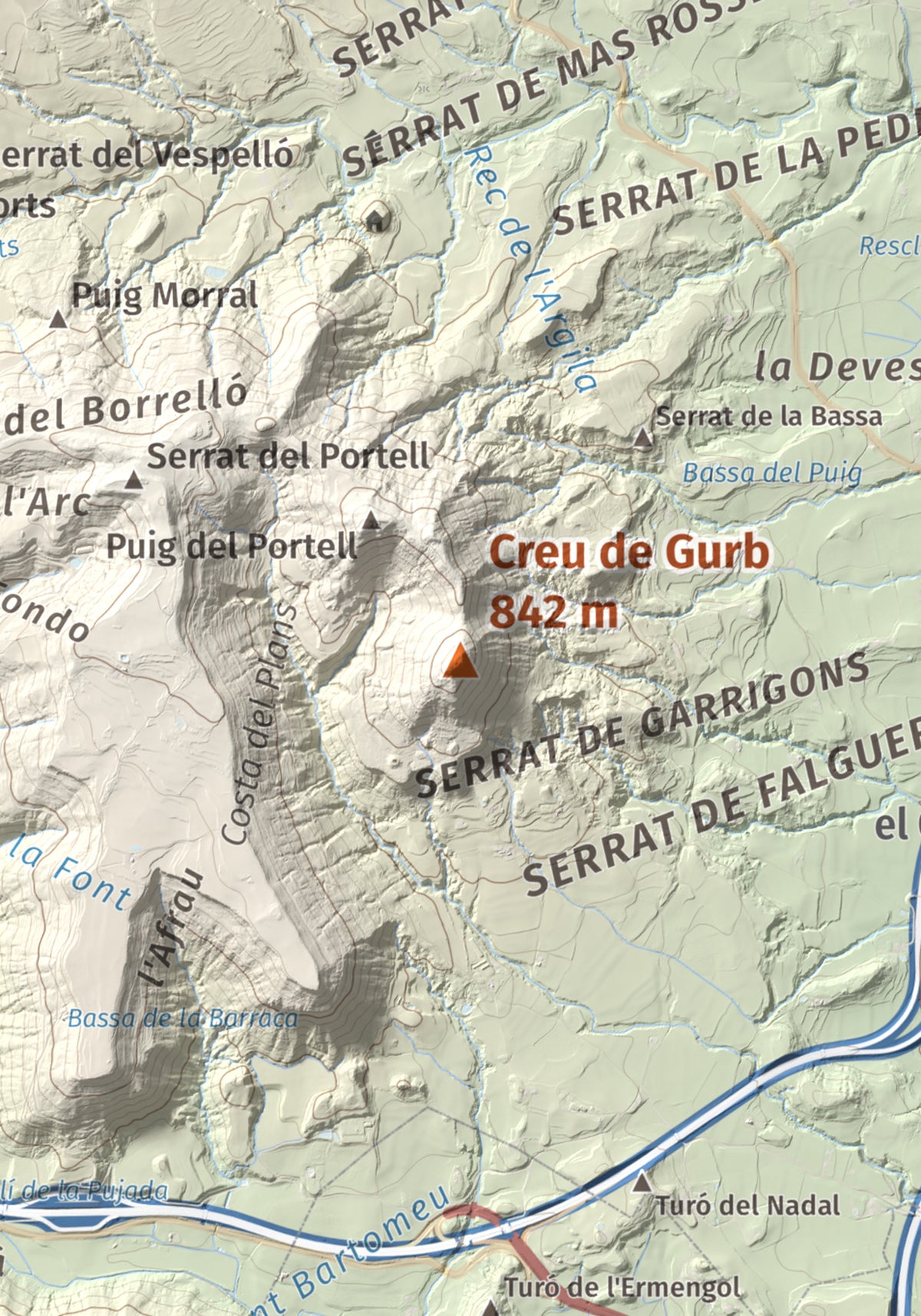 Mapa de relieve de Creu de Gurb, 842 m, Osona, lámina 100 Cims de Trobart. Detalle de la zona central. 21 × 30 cm.