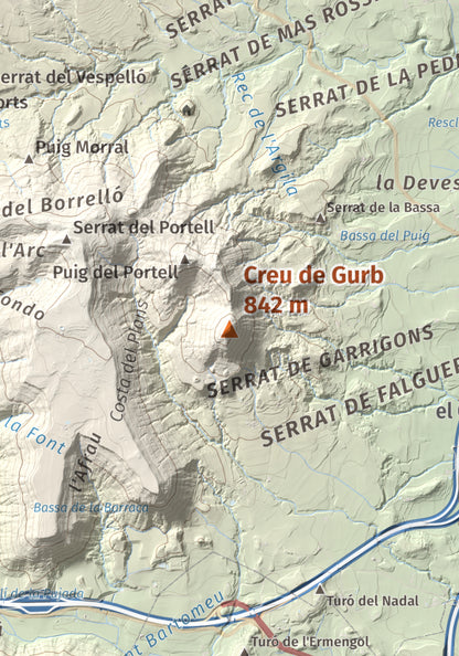 Mapa de relieve de Creu de Gurb, 842 m, Osona, lámina 100 Cims de Trobart. Detalle de la zona central. 21 × 30 cm.