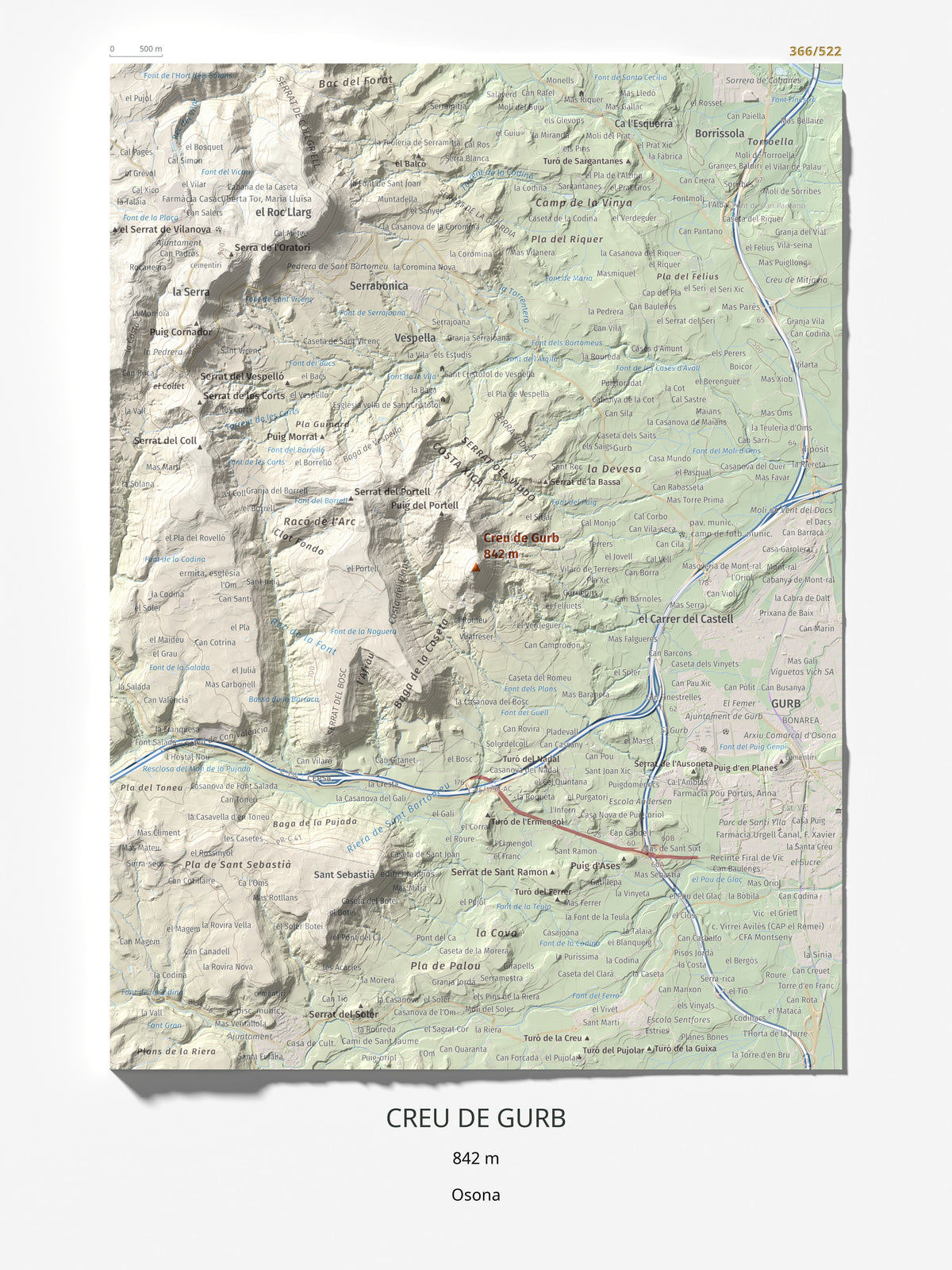Mapa de relieve de Creu de Gurb, 842 m, Osona, lámina 100 Cims de Trobart 30 × 40 cm.