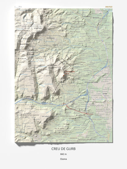 Mapa de relieve de Creu de Gurb, 842 m, Osona, lámina 100 Cims de Trobart 30 × 40 cm.