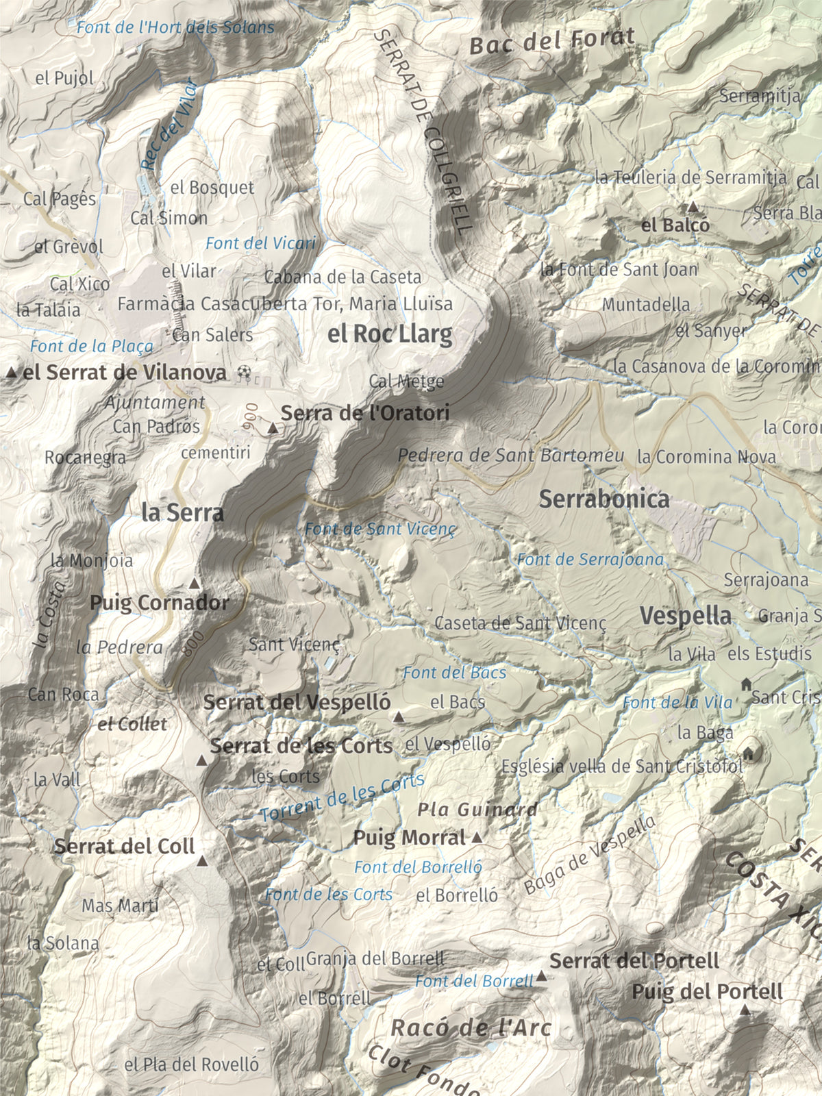 Mapa de relieve de Creu de Gurb, 842 m, Osona, lámina 100 Cims de Trobart. Detalle de la zona superior izquierda. 30 × 40 cm.