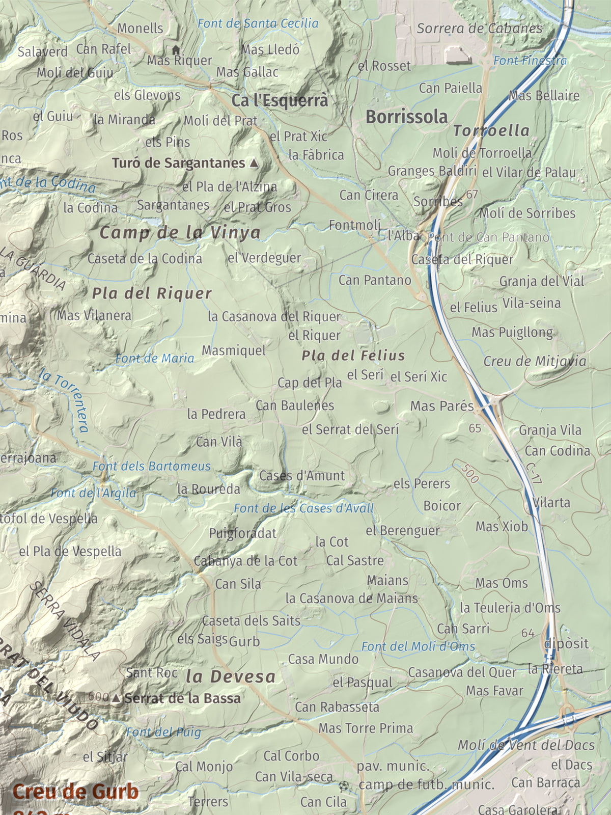 Mapa de relieve de Creu de Gurb, 842 m, Osona, lámina 100 Cims de Trobart. Detalle de la zona superior derecha. 30 × 40 cm.