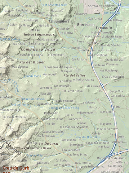 Mapa de relieve de Creu de Gurb, 842 m, Osona, lámina 100 Cims de Trobart. Detalle de la zona superior derecha. 30 × 40 cm.