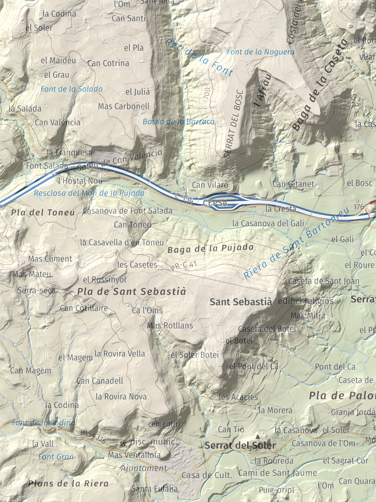 Mapa de relieve de Creu de Gurb, 842 m, Osona, lámina 100 Cims de Trobart. Detalle de la zona inferior izquierda. 30 × 40 cm.