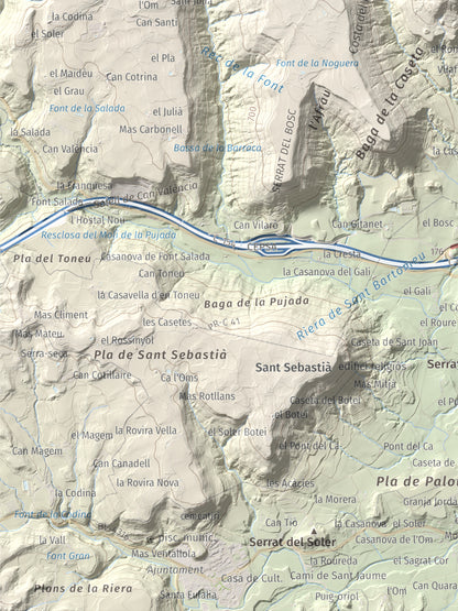 Mapa de relieve de Creu de Gurb, 842 m, Osona, lámina 100 Cims de Trobart. Detalle de la zona inferior izquierda. 30 × 40 cm.