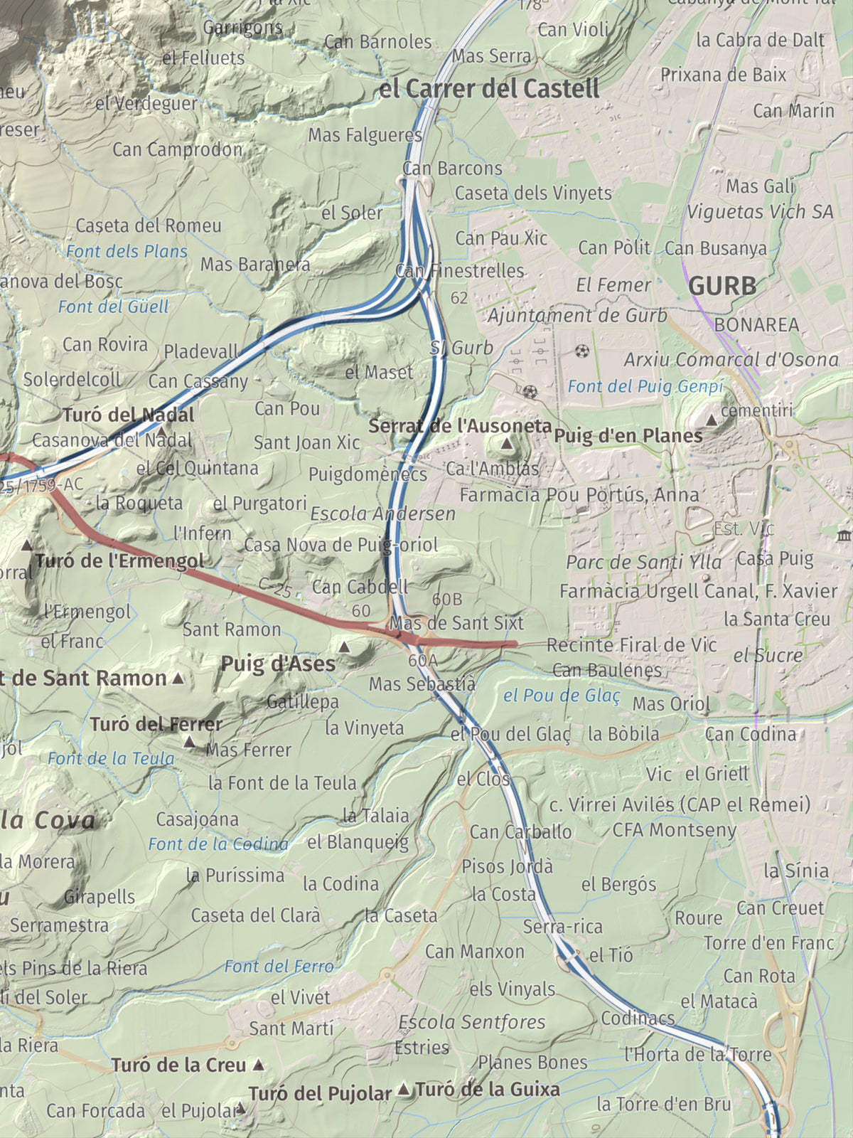Mapa de relieve de Creu de Gurb, 842 m, Osona, lámina 100 Cims de Trobart. Detalle de la zona inferior derecha. 30 × 40 cm.