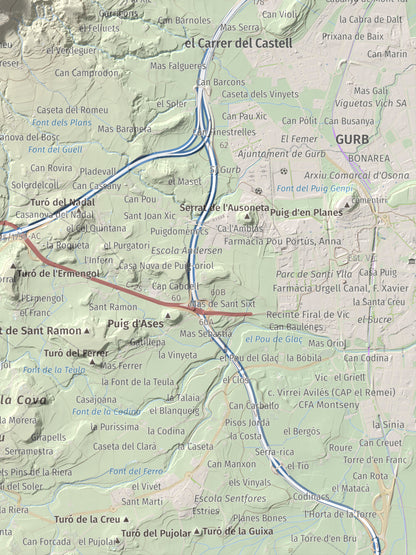 Mapa de relieve de Creu de Gurb, 842 m, Osona, lámina 100 Cims de Trobart. Detalle de la zona inferior derecha. 30 × 40 cm.