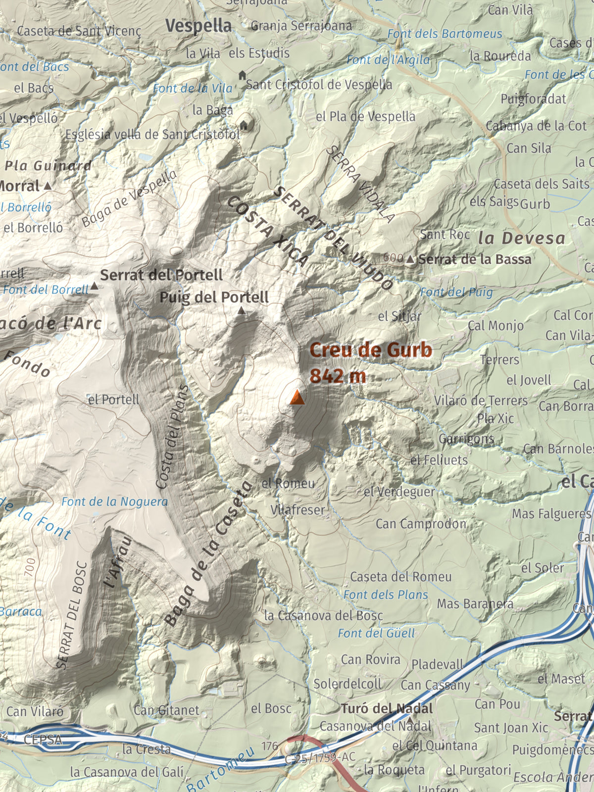 Mapa de relieve de Creu de Gurb, 842 m, Osona, lámina 100 Cims de Trobart. Detalle de la zona central. 30 × 40 cm.
