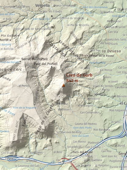 Mapa de relieve de Creu de Gurb, 842 m, Osona, lámina 100 Cims de Trobart. Detalle de la zona central. 30 × 40 cm.