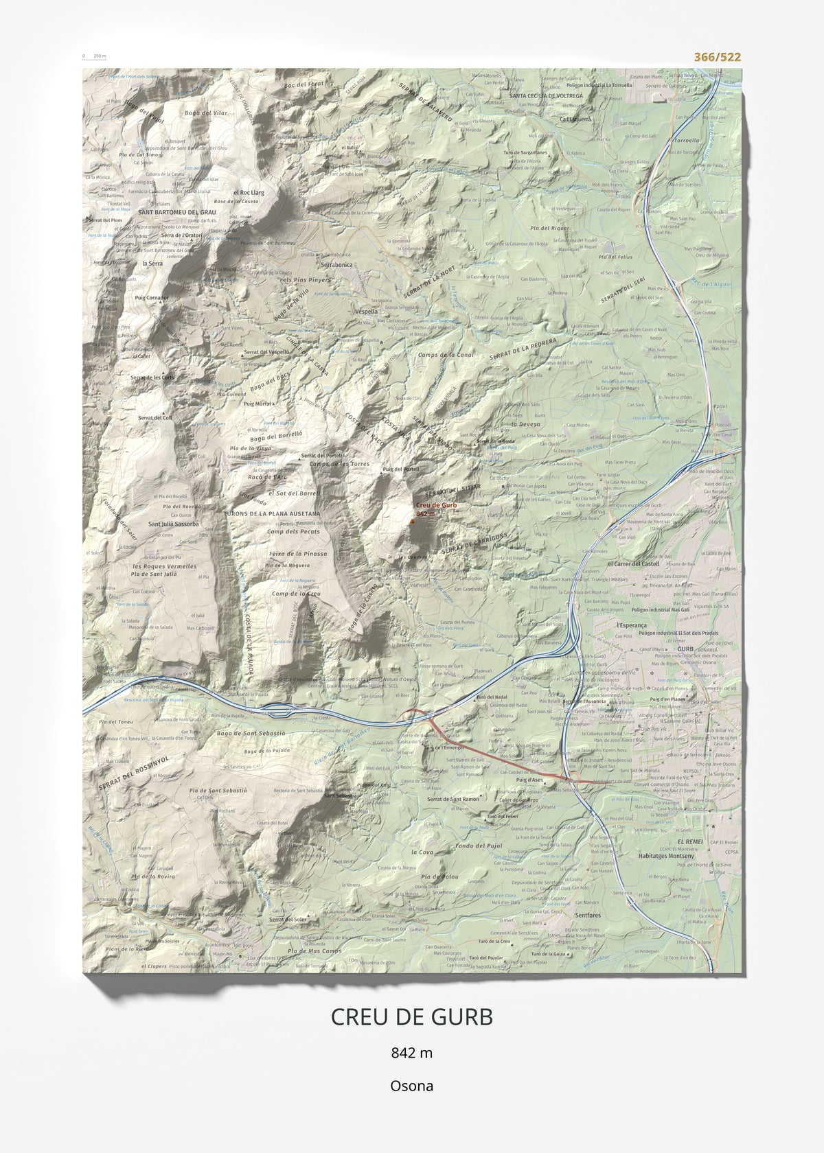 Mapa de relieve de Creu de Gurb, 842 m, Osona, lámina 100 Cims de Trobart 50 × 70 cm.