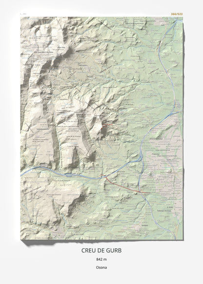 Mapa de relieve de Creu de Gurb, 842 m, Osona, lámina 100 Cims de Trobart 50 × 70 cm.