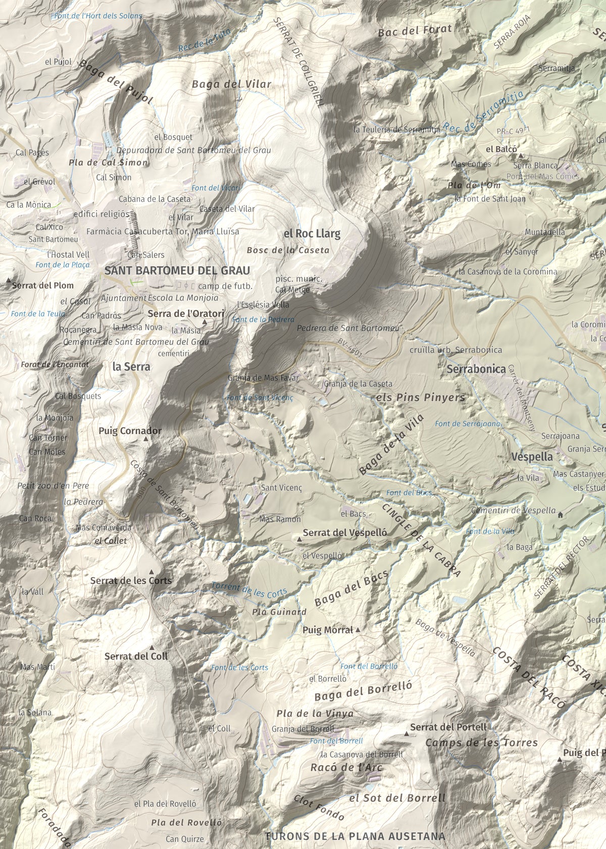 Mapa de relieve de Creu de Gurb, 842 m, Osona, lámina 100 Cims de Trobart. Detalle de la zona superior izquierda. 50 × 70 cm.