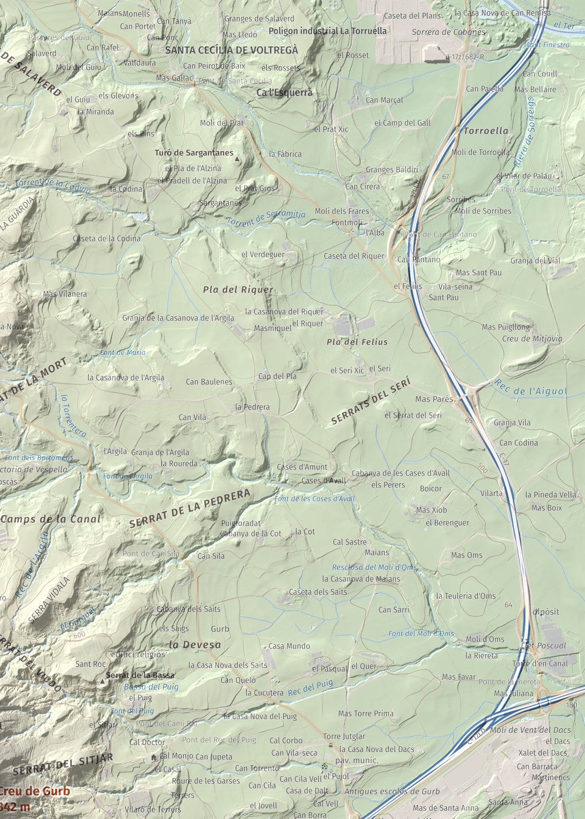 Mapa de relieve de Creu de Gurb, 842 m, Osona, lámina 100 Cims de Trobart. Detalle de la zona superior derecha. 50 × 70 cm.