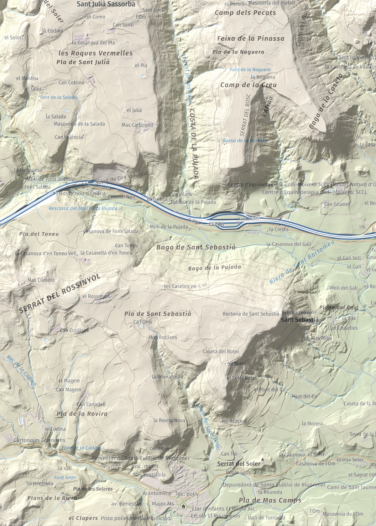 Mapa de relieve de Creu de Gurb, 842 m, Osona, lámina 100 Cims de Trobart. Detalle de la zona inferior izquierda. 50 × 70 cm.