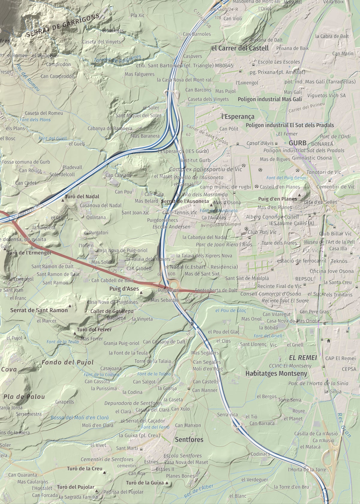 Mapa de relieve de Creu de Gurb, 842 m, Osona, lámina 100 Cims de Trobart. Detalle de la zona inferior derecha. 50 × 70 cm.