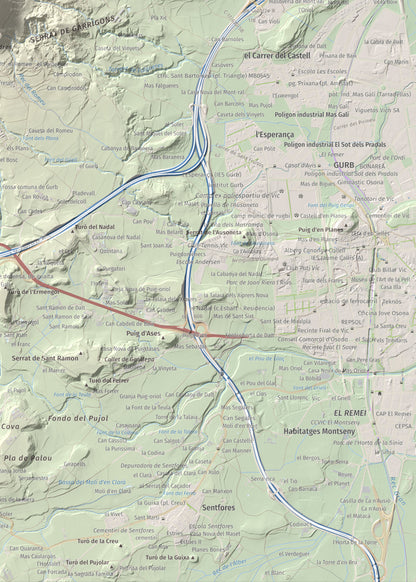 Mapa de relieve de Creu de Gurb, 842 m, Osona, lámina 100 Cims de Trobart. Detalle de la zona inferior derecha. 50 × 70 cm.