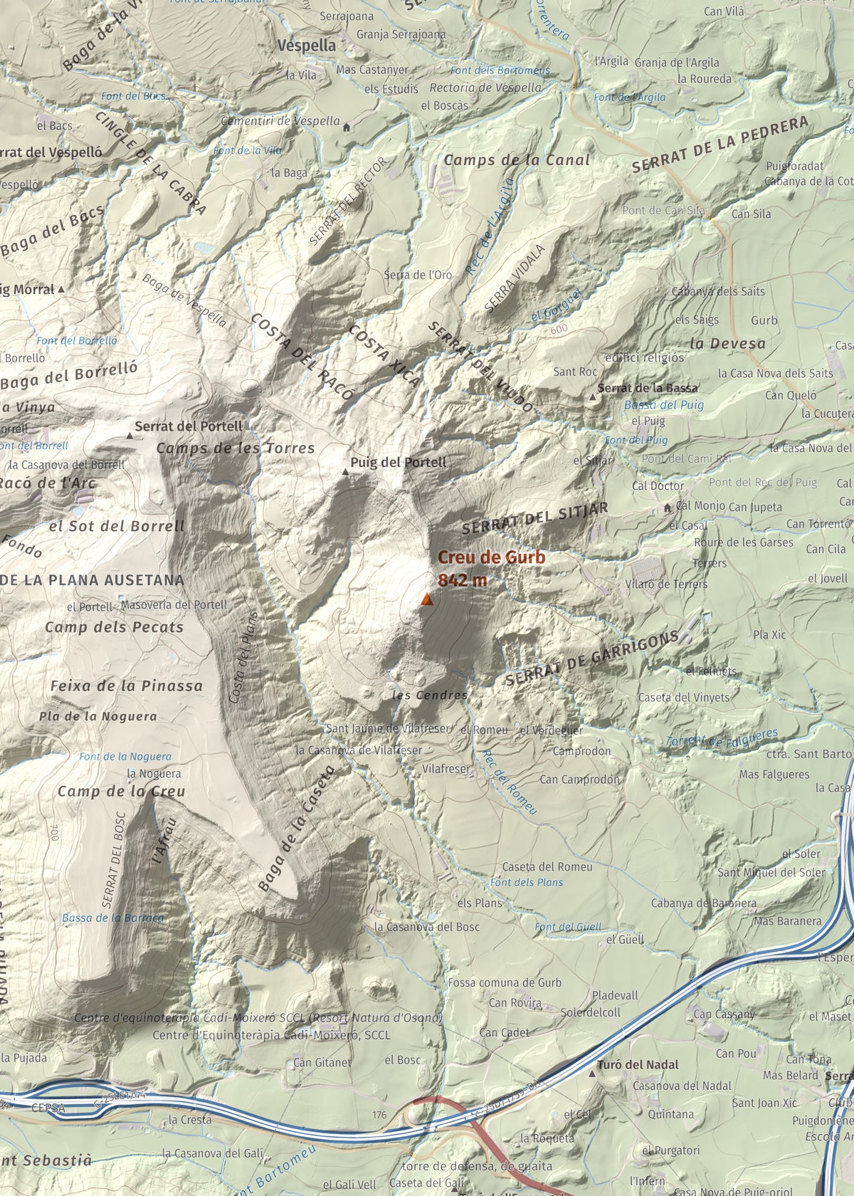 Mapa de relieve de Creu de Gurb, 842 m, Osona, lámina 100 Cims de Trobart. Detalle de la zona central. 50 × 70 cm.