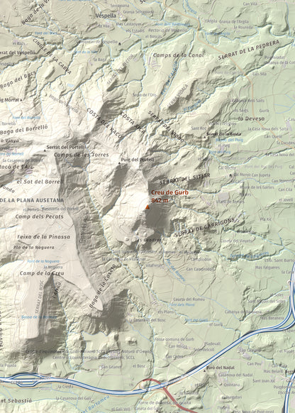Mapa de relieve de Creu de Gurb, 842 m, Osona, lámina 100 Cims de Trobart. Detalle de la zona central. 50 × 70 cm.